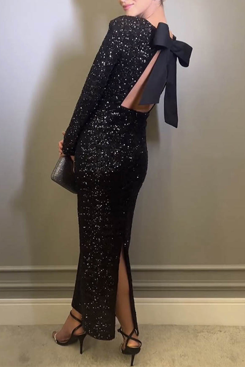 Sexy Solid Sequins With Bow O Neck Evening Dress Dresses