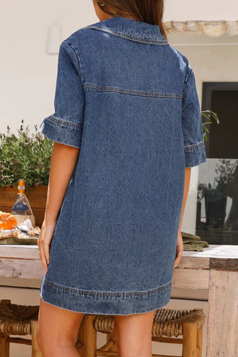 Casual Simplicity Solid Pocket V Neck Short Sleeve Loose Denim Dresses