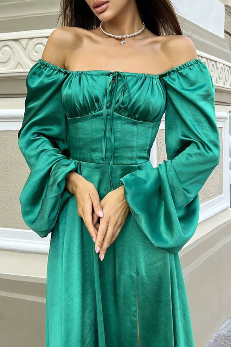 Elegant Solid Frenulum Off the Shoulder Long Sleeve Dresses