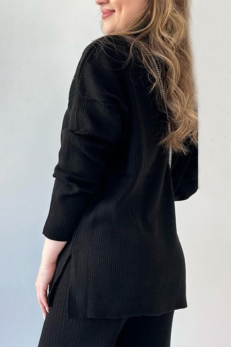 Casual Simplicity Solid Slit Turndown Collar Long Sleeve Two Pieces