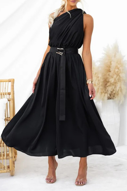 Sexy Solid Backless Oblique Collar Waist Skirt Dresses
