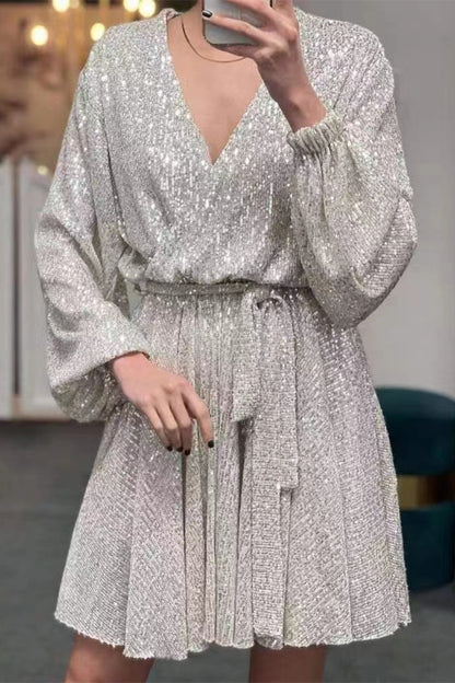 Sexy Solid Sequins Sequined V Neck Long Sleeve Dresses