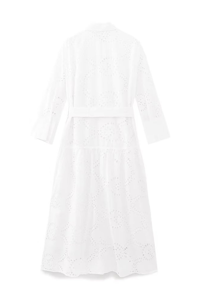 Elegant Solid Embroidered Buttons Shirt Collar A Line Dresses