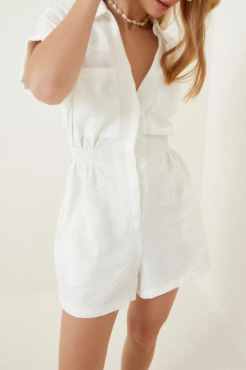 Daily Simplicity Solid Pocket Turndown Collar Loose Rompers