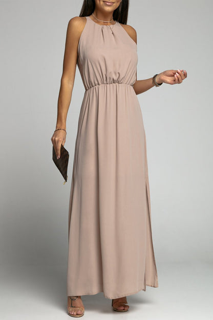 Elegant Solid Backless Slit O Neck Sleeveless Dress Dresses