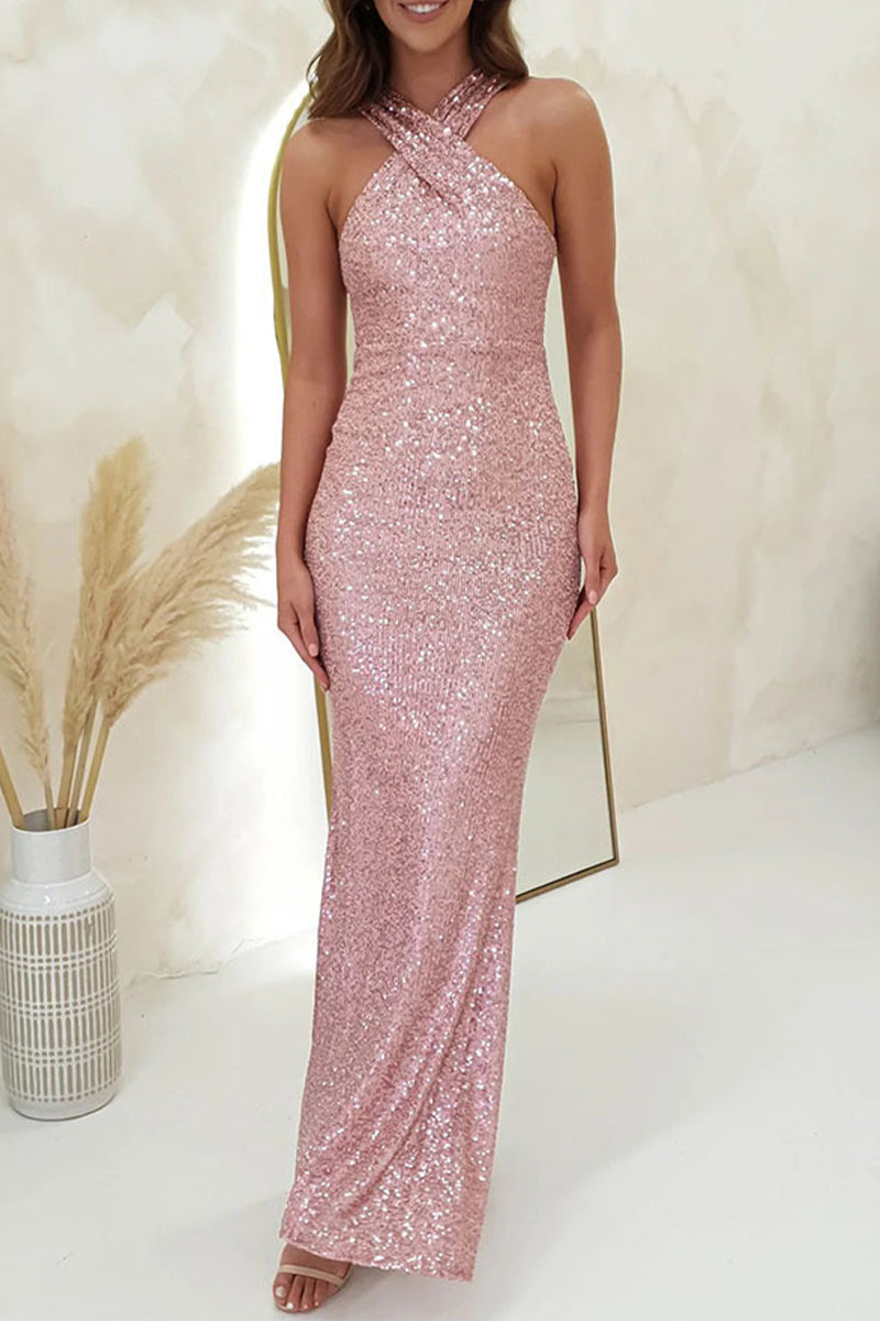 Sexy Formal Solid Sequins Backless Halter Trumpet Mermaid Dresses