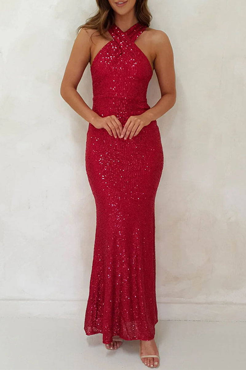 Sexy Formal Solid Sequins Backless Halter Trumpet Mermaid Dresses