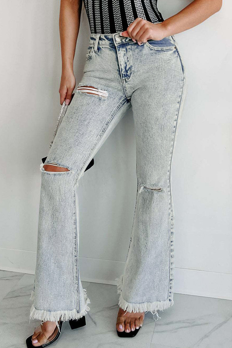 Street Solid Tassel Ripped Regular Denim Jeans