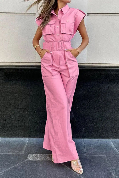 Casual Solid Pocket Turndown Collar Straight Jumpsuits