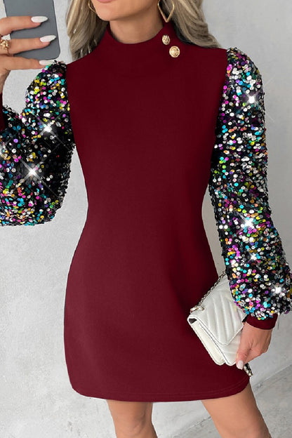 Casual Patchwork Hollowed Out Sequins Half A Turtleneck Long Sleeve Dresses(6 Colors)
