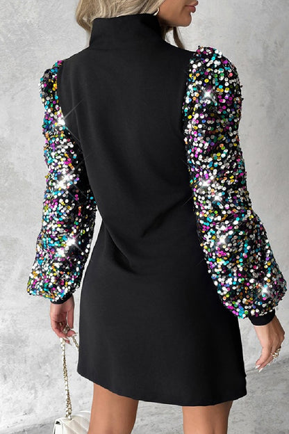 Casual Patchwork Hollowed Out Sequins Half A Turtleneck Long Sleeve Dresses(6 Colors)