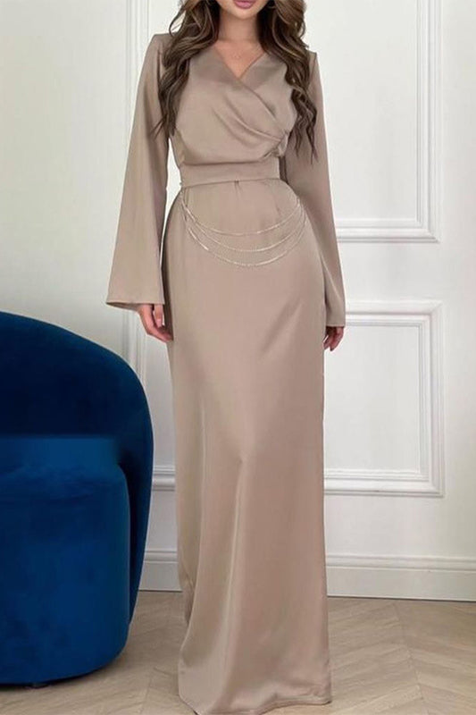 Celebrities Elegant Solid Metal Accessories Decoration V Neck One Step Skirt Dresses(3 Colors)