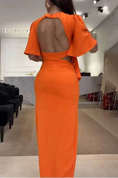 Sexy Solid Frenulum Backless Slit O Neck Wrapped Skirt Dresses