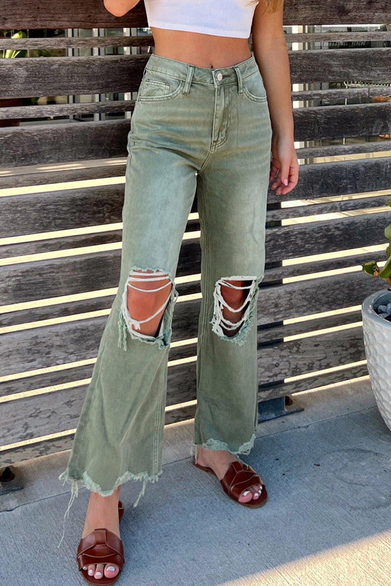 Casual Solid Ripped Make Old High Waist Denim Jeans