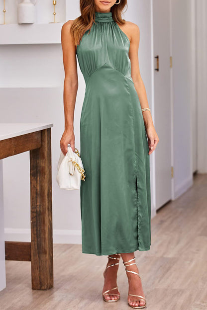 Elegant Simplicity Solid Slit Halter Sleeveless Dress Dresses