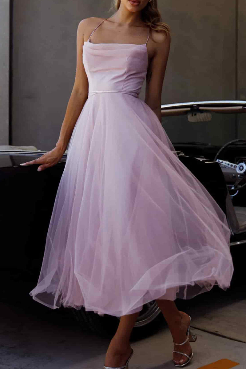 Sweet Elegant Solid Mesh Asymmetrical Collar Sleeveless Dress Dresses