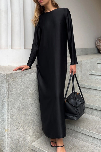 Elegant Simplicity Solid Slit O Neck Long Sleeve Dresses