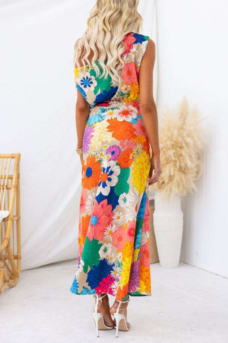 Sexy Floral Frenulum Oblique Collar Printed Dress Dresses