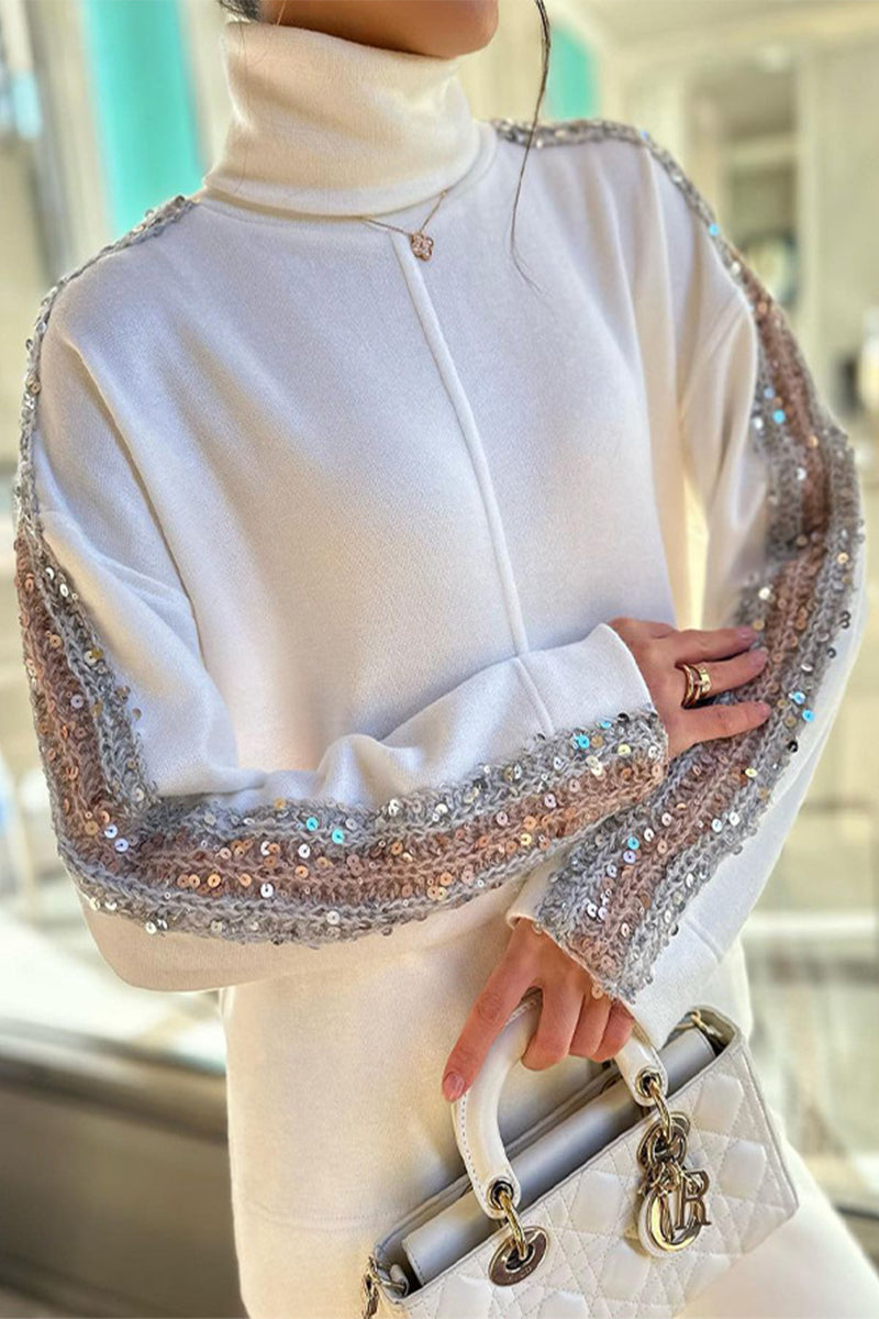 Casual Solid Sequins Turtleneck Long Sleeve Two Pieces