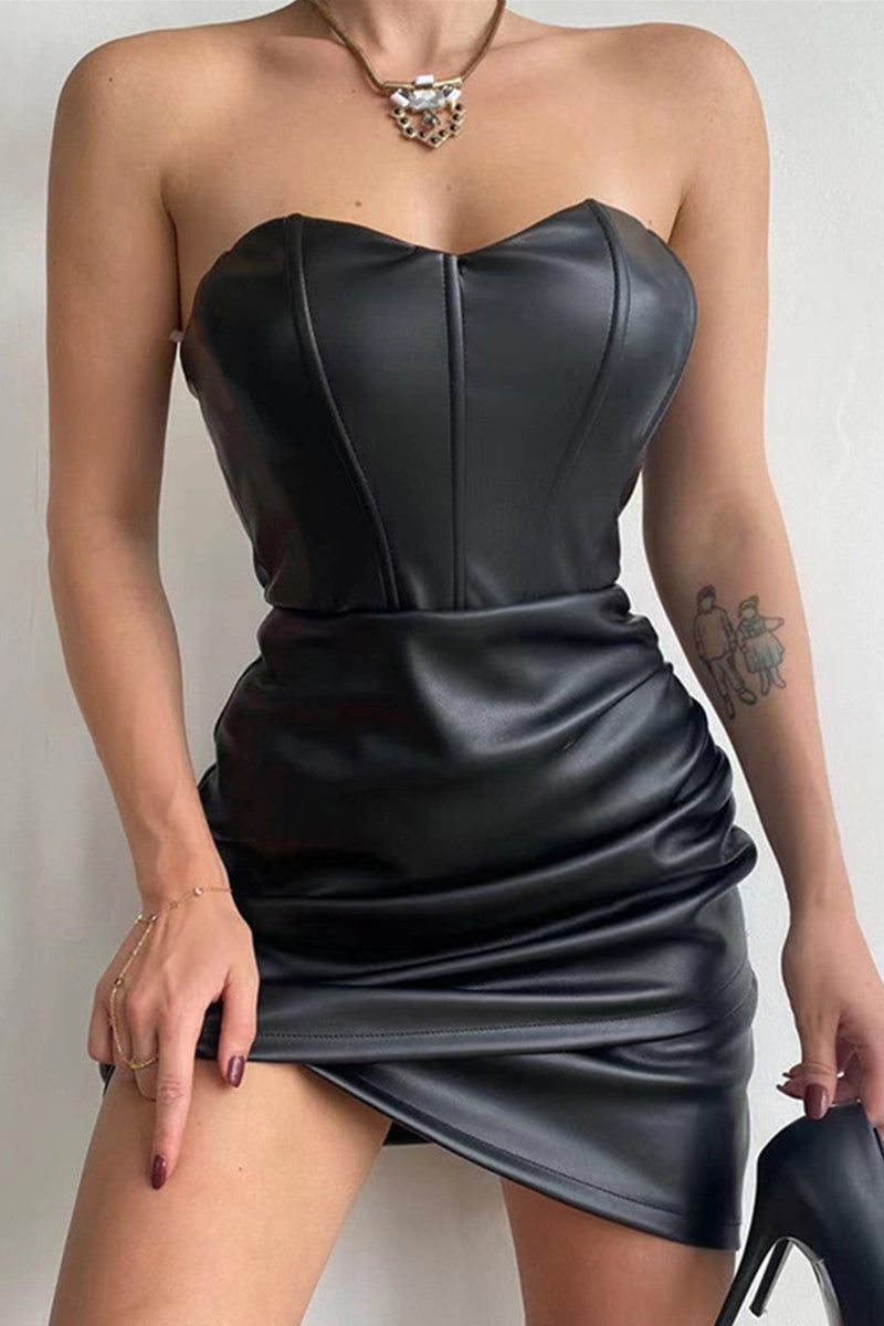 Sexy Solid Fold Strapless Irregular Dress Dresses