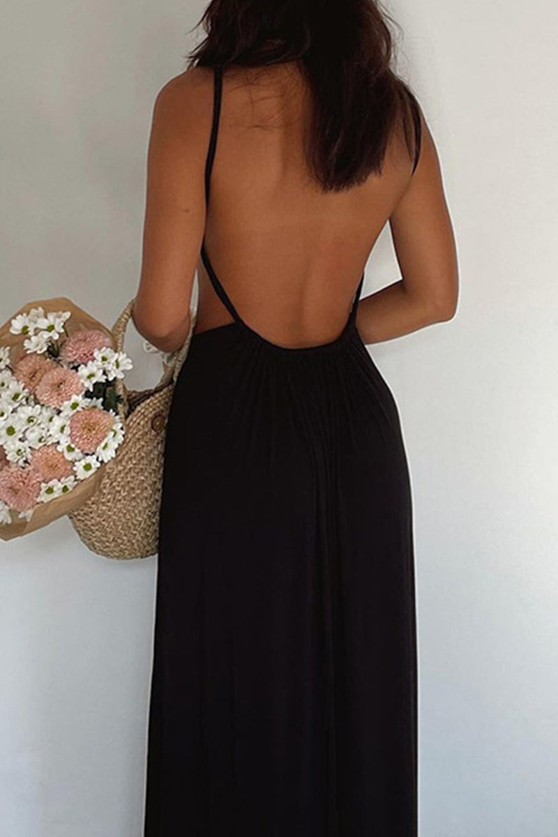 Sexy Solid Hollowed Out Backless Slit V Neck Beach Dress Dresses