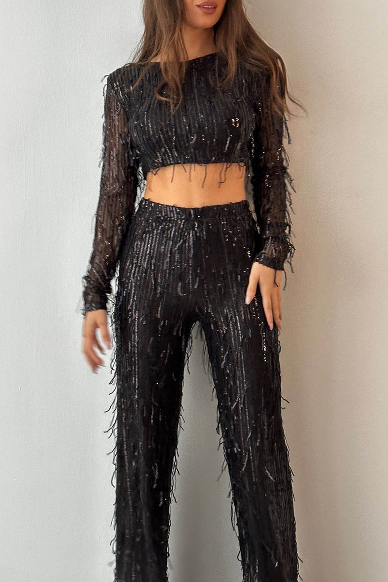 Sexy Solid Tassel Sequins Sequined O Neck Long Sleeve Two Pieces