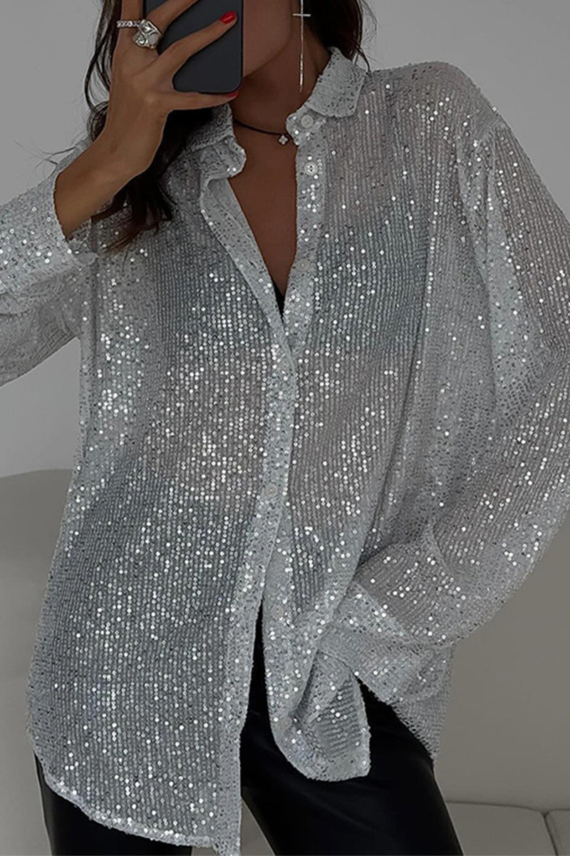 Sexy Solid See-through Sequined Turndown Collar Tops