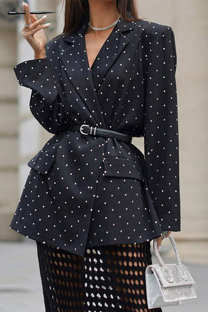 British Style Polka Dot With Belt Turn-back Collar Outerwear
