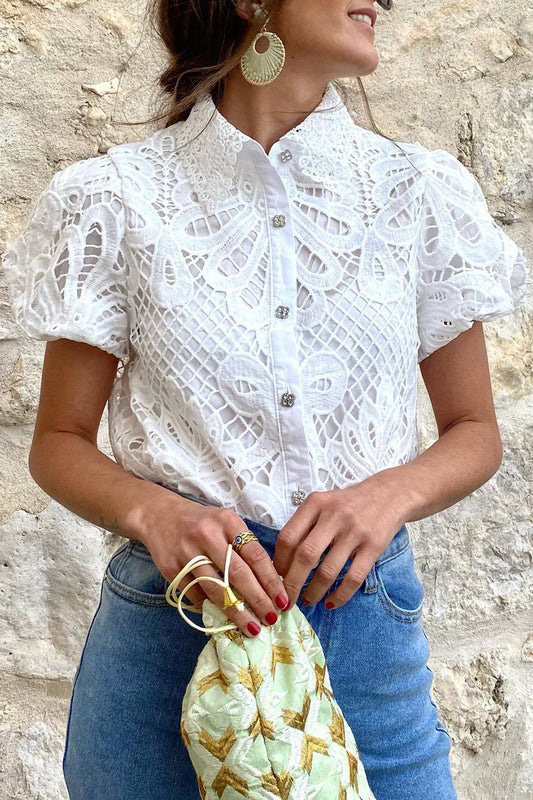 Casual Solid Lace Hollowed Out Turndown Collar Blouses