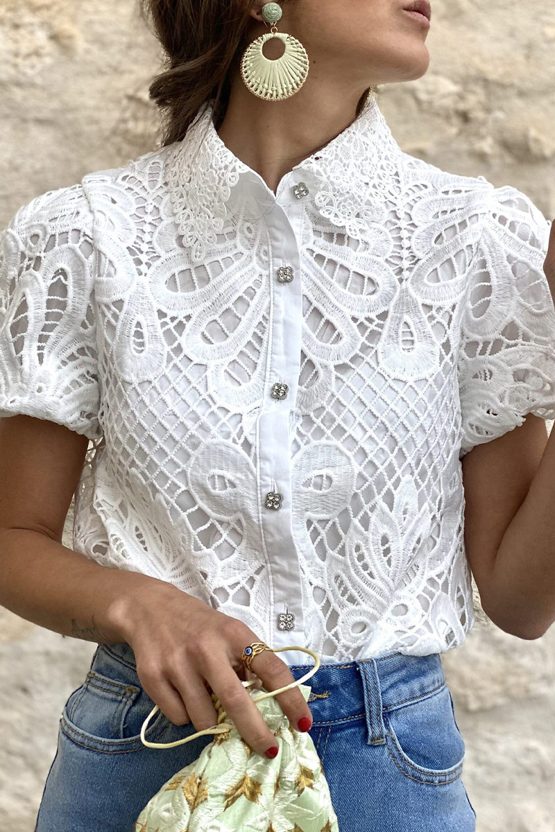 Casual Solid Lace Hollowed Out Turndown Collar Tops
