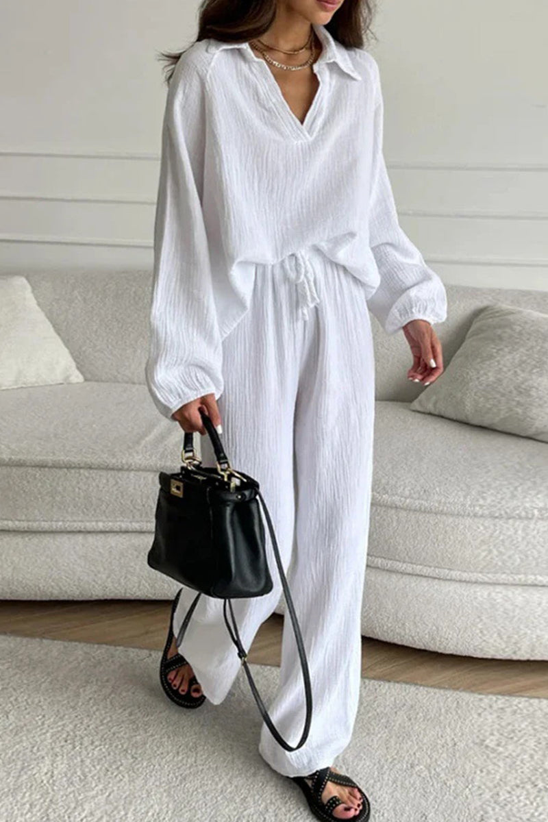 Casual Simplicity Solid Frenulum Turndown Collar Long Sleeve Two Pieces