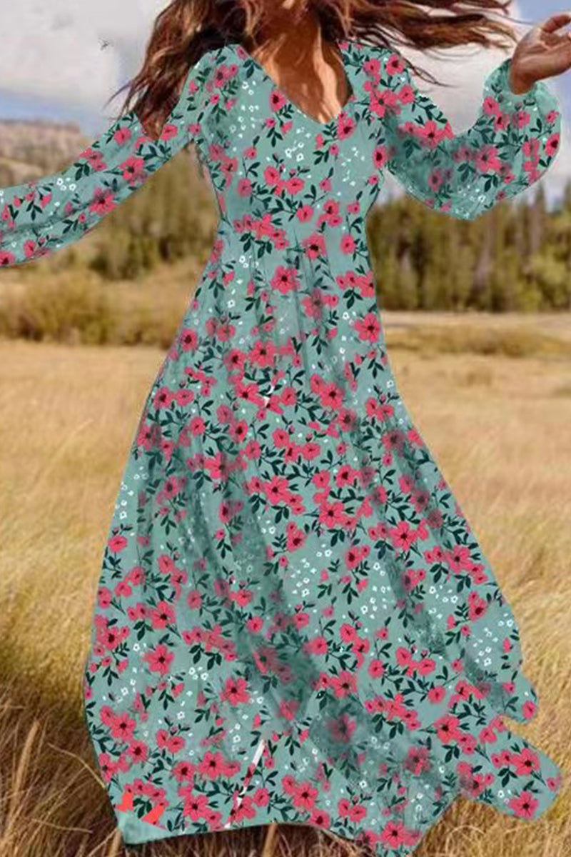 Elegant Floral Patchwork V Neck Printed Dress Dresses