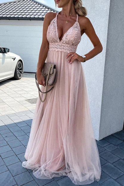 Sexy Solid Lace Mesh V Neck Evening Dress Dresses