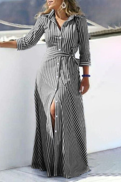 Casual Striped Print Buckle With Belt Turndown Collar Shirt Dress Dresses