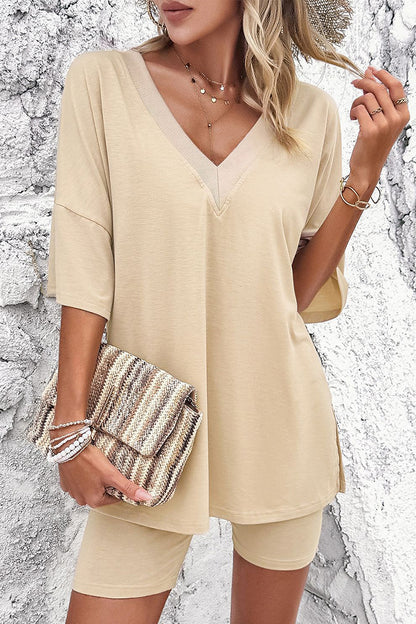 Casual Solid V Neck Half Sleeve Two Pieces