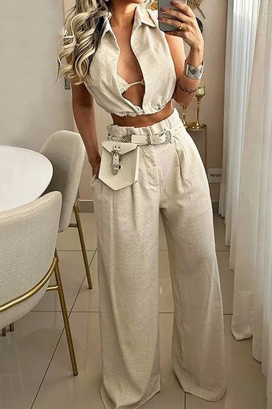 Sexy Celebrities Solid Pocket Without Belt Turndown Collar Sleeveless Two Pieces(No Belt)
