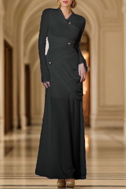 Elegant Solid Metal Accessories Decoration Fold O Neck Evening Dress Dresses