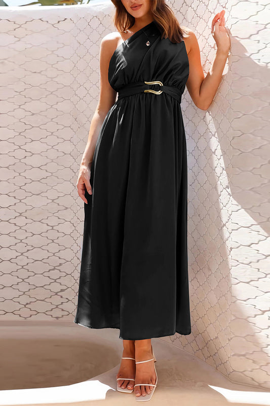 Elegant Formal Solid Metal Accessories Decoration Fold Oblique Collar Evening Dresses