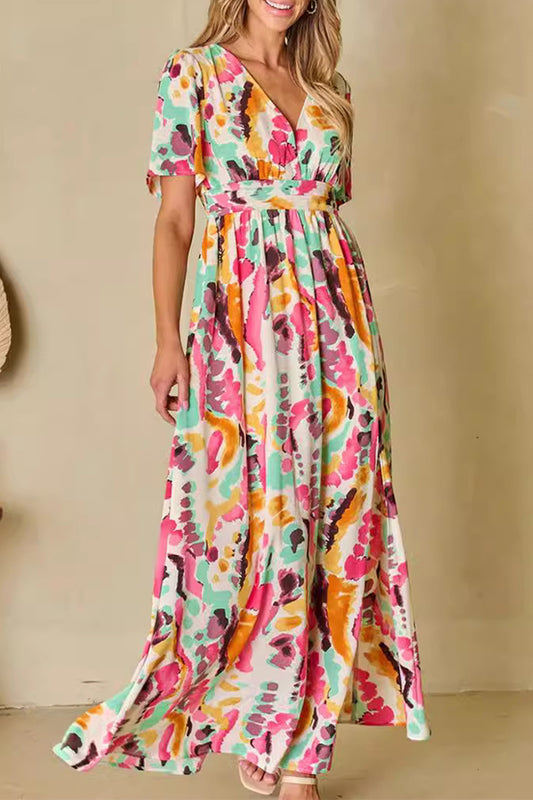 Elegant Print Color Block Backless Contrast V Neck A Line Dresses