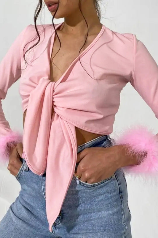 Sexy Solid Feathers Knotted V Neck Tops