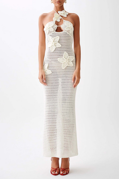 Sexy Solid Color Flowers Knit Halter One Step Skirt Dresses