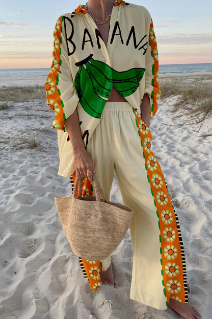 Casual Vacation Graffiti Print Pocket Buttons Contrast Turndown Collar Long Sleeve Two Pieces(9 Colors)