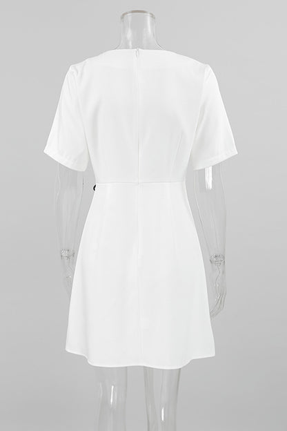 Daily Solid Color Slit Bow Decor O Neck Short Sleeve Short Sleeve Dress
