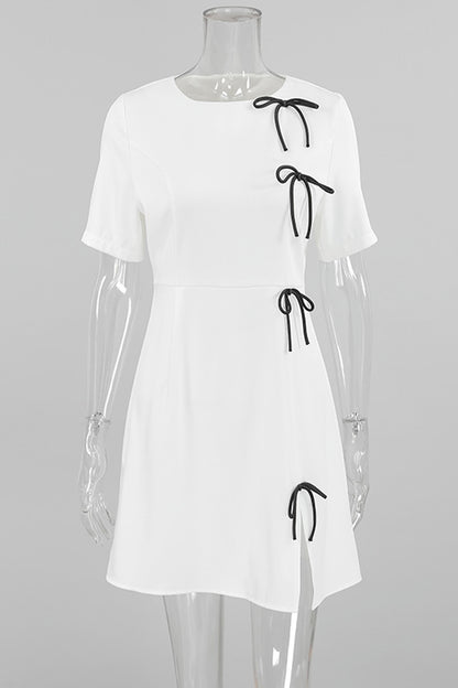 Daily Solid Color Slit Bow Decor O Neck Short Sleeve Short Sleeve Dress