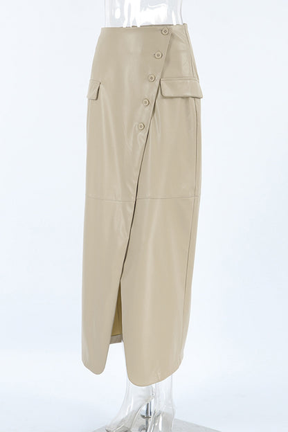 Daily Elegant Solid Color Buttons Slit High Waist Type A Solid Color Bottoms