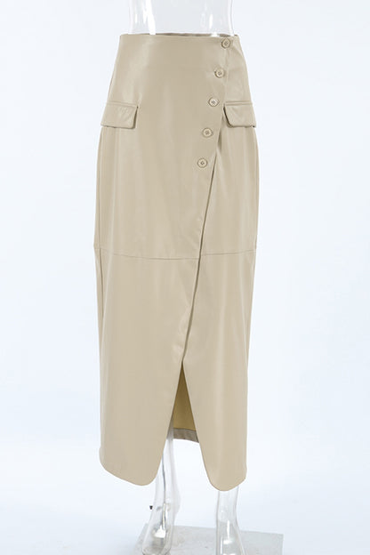 Daily Elegant Solid Color Buttons Slit High Waist Type A Solid Color Bottoms