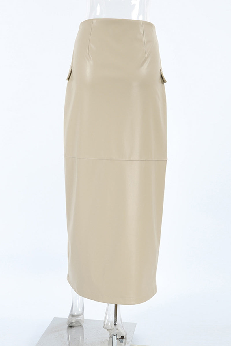 Daily Elegant Solid Color Buttons Slit High Waist Type A Solid Color Bottoms