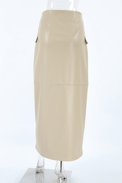 Daily Elegant Solid Color Buttons Slit High Waist Type A Solid Color Bottoms