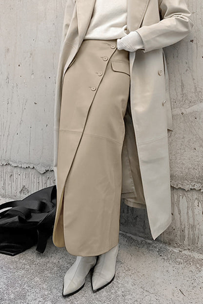 Daily Elegant Solid Color Buttons Slit High Waist Type A Solid Color Bottoms