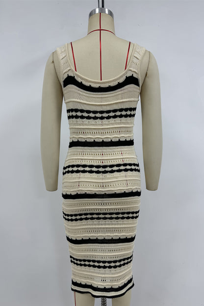 Sexy Stripe Weave Contrast U Neck One Step Skirt Dresses